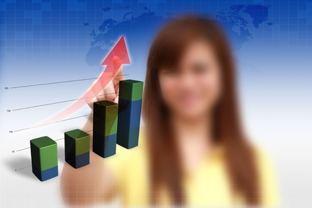 female pushing graph 3D on blue background.の写真素材