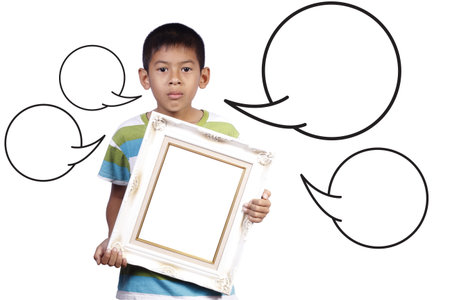 young boy with photo frame and speech in studio on white backgroundの写真素材