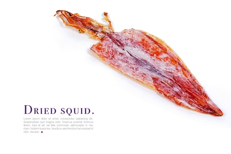 dry squid on white background with sample textの写真素材