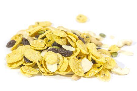 Close up cornflakes on white backgroundの写真素材
