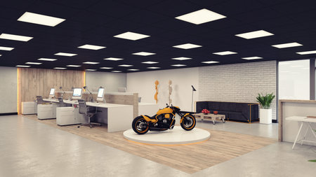 Office Interior with Yellow Motorcycleの写真素材