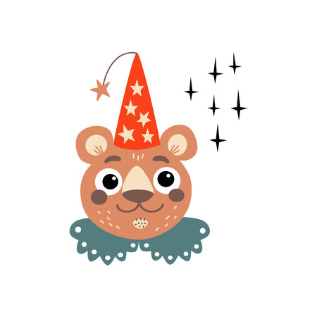 Bear in wizard cone hat. Cute illustration in cartoon style for kids items design.のイラスト素材
