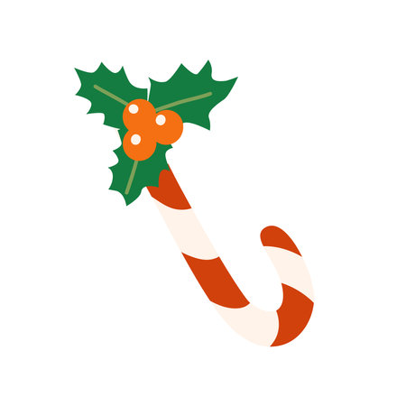 Candy cane with holly. Christmas symbol. Vector hand drawn attribute.のイラスト素材