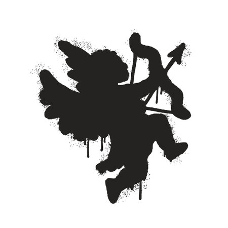 Angel Cupid with bow and arrow aiming up. Spray urban graffiti style. Wall art vector illustration....