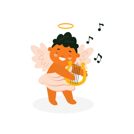 Cute baby Cupid playing lyre. Baby angel character isolated on white background. Vector illustration for St. Valentine's Day card, print, kids products design.のイラスト素材