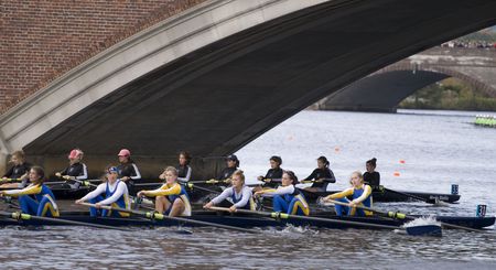 BOSTON - OCTOBER 19: In the Head of Charles Regatta, On October 19th, 2008 Bishop Eustace Prep School is passed by Shrewsbury High School Crew as the pass under the Weeks Footbridge.のeditorial素材