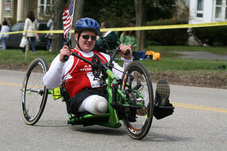 BOSTON - APRIL 20 : Runners race up Heartbreak Hill during the Boston Marathon April 20, 2009 in...