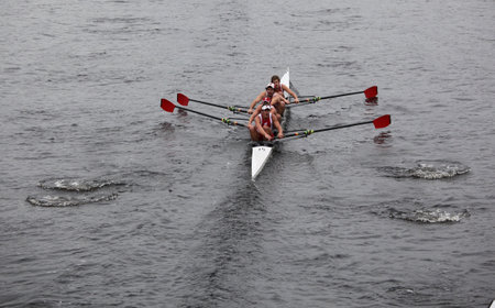 BOSTON - OCTOBER 23: University of Wisconsin Men's Fours races in the Head of Charles Regatta on...