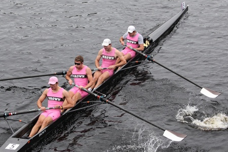 BOSTON - OCTOBER 23: Brown University Mens Fours races in the Head of Charles Regatta. University Of Wisconsin Mens Crew won with a time of 16:12 on October 23, 2011 in Boston, MA.のeditorial素材
