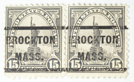 Statue of Liberty, with a Brockton, Massachusetts cancellation mark. United States - circa...