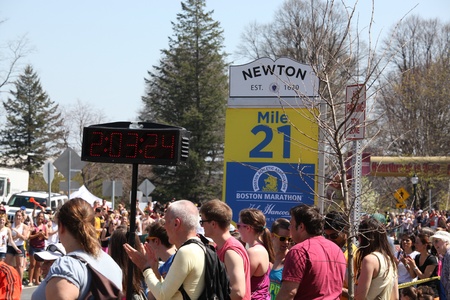BOSTON - APRIL 16: Nearly 22500 runners participated in the Boston Marathon on a record hot day of 87 F on April 16, 2012 in Boston. Wesley Korir (Kenya) finished first with a time of 2:12:40. のeditorial素材