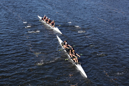 BOSTON - OCTOBER 20   Twin Cities  Top  and South Niagra Rowing Club  bottom  race in the Head of Charles Regatta on October 20, 2013 in Boston, MAのeditorial素材