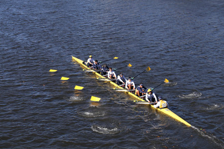 BOSTON - OCTOBER 23, 2016: Belen Jesuit Crew races in the Head of Charles Regatta Men's College...