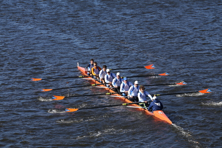 BOSTON - OCTOBER 23, 2016: OKC Riversport Crew races in the Head of Charles Regatta Men's Youth Eightsのeditorial素材