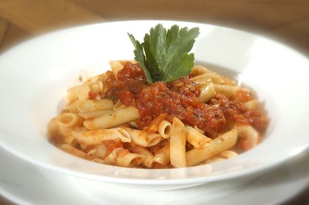 Macaroni Napolitana w tomato sauce and parsleyの写真素材