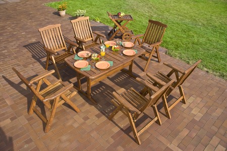 The Garden furniture at the patio w place settingの写真素材