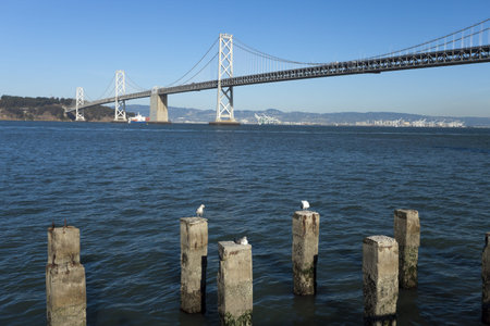 San Francisco Bay bridge w Treasury Islandのeditorial素材