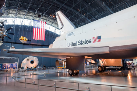 CHANTILLY, VIRGINIA - OCTOBER 10: Space Shuttle Enterprise at the National Air and Space Museum on October 10, 2011. The Enterprise was the first Space Shuttle orbiter. On September 17, 1976 the first full scale prototype was completed.のeditorial素材