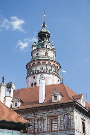 Cesky Krumlov-Czech Republic, July 27, 2011: The Castle Tower. The tourists visit the national treasure Cesky Krumlov saved by UNESCO since 1992.のeditorial素材