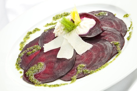 Vegetarian Beetroot Carpaccio w goat cheese and Pestoの写真素材