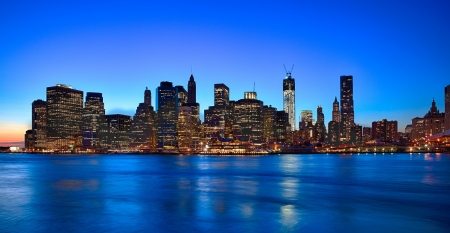 New York City skyline at twilight w the Freedom towerの写真素材