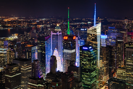 New York City, USA - October 5, 2014: New York Uptown and Times Square panorama aerial view at night with office buildings, neon, LED Signs and skyscrapers skyline.のeditorial素材