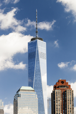 NEW YORK - OCTOBER 8: Freedom Tower in Lower Manhattan on October 8, 2014. One World Trade Center is the tallest building in the Western Hemisphere and the third-tallest building in the worldのeditorial素材