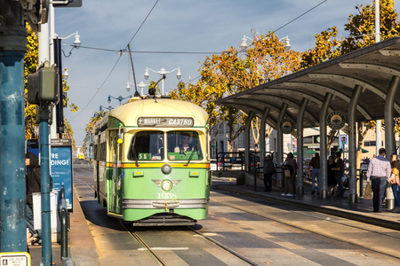 San Francisco, USA - November 5, 2016 : Historic street car transporting passengers in San Fransisco CA, USA. San Francisco street cars come from all around the world.のeditorial素材