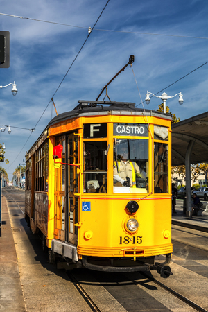 San Francisco, USA - November 5, 2016 : Historic street car transporting passengers in San Fransisco CA, USA. San Francisco street cars come from all around the world.のeditorial素材