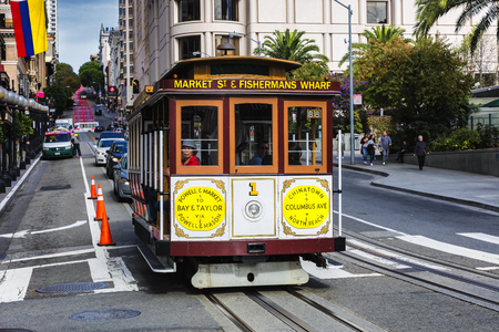 SAN FRANCISCO CA, USA, NOVEMBER 7, 2016 : Historic street car transporting passengers in San Fransisco CA, USA. San Francisco street cars come from all around the world.のeditorial素材