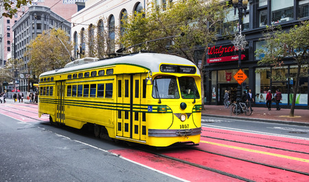 San Francisco CA, USA, November 6, 2016 : Historic street car transporting passengers in San Fransisco CA, USA. San Francisco street cars come from all around the world.のeditorial素材