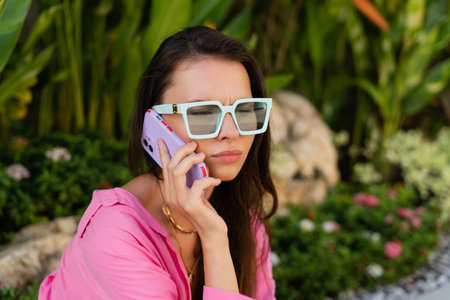 A young beautiful brunette woman in a pink shirt, neck jewelry, trendy sunglasses sits against the backdrop of tropical leaves, calls the phone, is alarmed, dissatisfied, outragedの写真素材