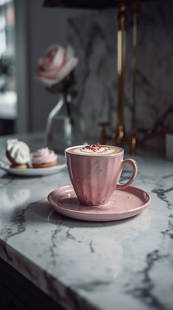 Cup of coffee with milk in pink colors. Generative AI imageの素材