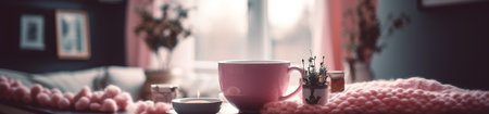 Cup of coffee with milk in pink colors. Generative AI imageの素材