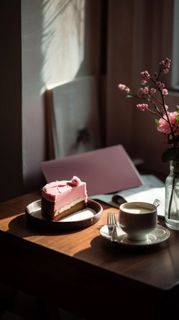 Coffee cup and a slice of pink cake on a small wooden table. Generative AI imageの素材