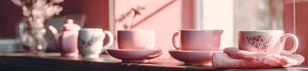 Cup of coffee with milk in pink colors. Generative AI imageの素材