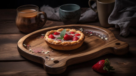 Cup of coffee with tart with strawberry on a wooden platter. Generative AI imageの素材