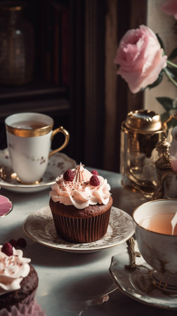 Coffee cup, cupcake in pink romantic colors. Generative AI imageの素材