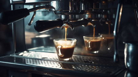 Espresso machine poured over a cup of coffee. Generative AI imageの素材