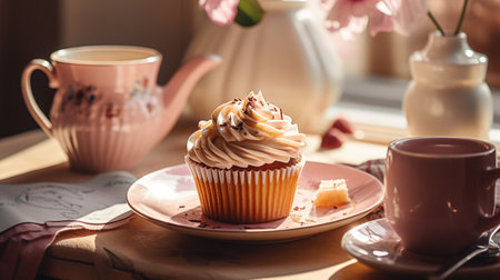 Coffee cup, cupcake in pink romantic colors. Generative AI imageの素材
