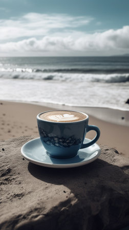 Coffee on blue saucer with sea view on background. Generative AI imageの素材
