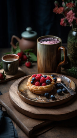Fresh berry tarts on a tray with a jug and cup. Generative AI imageの素材