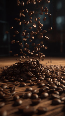 Coffee beans are flying among the brown background. Generative AI imageの素材