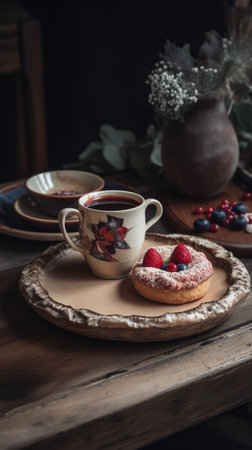 Cup of coffee with tart with strawberry on a wooden platter. Generative AI imageの素材
