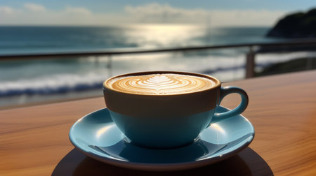 Coffee on blue saucer with sea view on background. Generative AI imageの素材