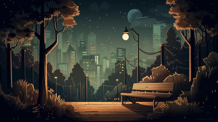 Vector illustration of bench and street light in city park at night. Generative AI imageの素材