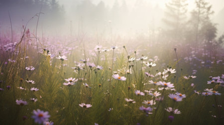 Background of wildflowers chamomile and purple wild pea with sunlight. Generative AI imageの素材