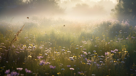 Background of wildflowers chamomile and purple wild pea with sunlight. Generative AI imageの素材