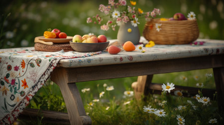 Wooden picnic table with a woven blanket and a basket of fruits. Generative AI imageの素材