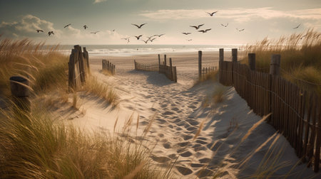 Serene beach with seagulls gracefully soaring above wooden fences. Generative AI imageの素材